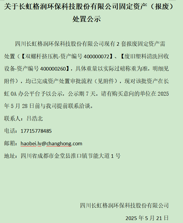 關(guān)于長虹格潤環(huán)?？萍脊煞萦邢薰竟潭ㄙY產(chǎn)（報廢）處置公示